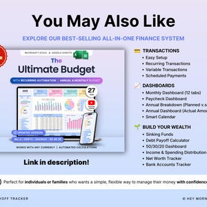 Peut inclure: Un syst&egrave;me de gestion financi&egrave;re num&eacute;rique pour Microsoft Excel et Google Sheets intitul&eacute; The Ultimate Budget. Il pr&eacute;sente un ordinateur portable et un smartphone affichant des graphiques color&eacute;s, 27 onglets et des calculs automatis&eacute;s.