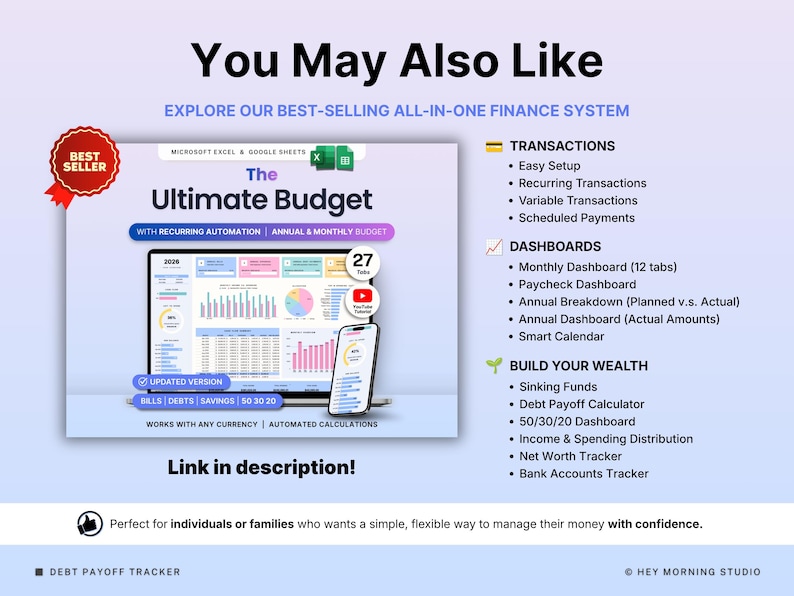 Peut inclure: Un syst&egrave;me de gestion financi&egrave;re num&eacute;rique pour Microsoft Excel et Google Sheets intitul&eacute; The Ultimate Budget. Il pr&eacute;sente un ordinateur portable et un smartphone affichant des graphiques color&eacute;s, 27 onglets et des calculs automatis&eacute;s.