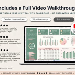 May include: A laptop screen showing a spreadsheet with charts and graphs in green and pink. The screen displays the text "2026" and "Ultimate Annual Budget". The image includes the text "Includes a Full Video Walkthrough" and a YouTube logo.