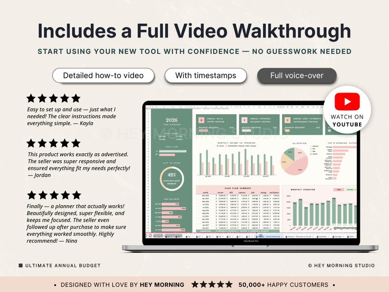May include: A laptop screen showing a spreadsheet with charts and graphs in green and pink. The screen displays the text "2026" and "Ultimate Annual Budget". The image includes the text "Includes a Full Video Walkthrough" and a YouTube logo.