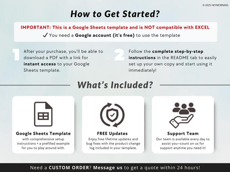 May include: Informational graphic with the title "How to Get Started?" and the text "IMPORTANT: This is a Google Sheets template and is NOT compatible with EXCEL." It includes instructions and details on what's included.