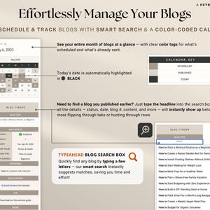 May include: A digital planner interface with the text "Effortlessly Manage Your Blogs." It features a calendar, blog search, and color-coded organization. The interface displays blog titles, dates, and statuses, with a focus on planning and tracking content.