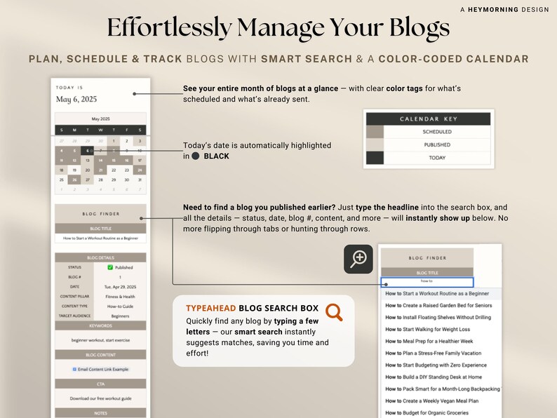 May include: A digital planner interface with the text "Effortlessly Manage Your Blogs." It features a calendar, blog search, and color-coded organization. The interface displays blog titles, dates, and statuses, with a focus on planning and tracking content.