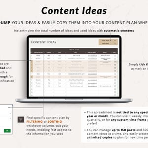 May include: A laptop computer displaying a spreadsheet with the title "Content Ideas". The spreadsheet is used to brainstorm and organize content ideas. It includes columns for content type, topic, goal, and notes. The spreadsheet also has a feature to mark ideas as used.