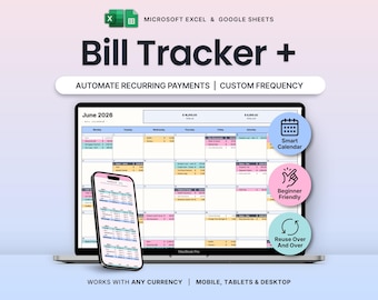Automated Bill Calendar Google Sheets Excel Smart Bill Tracker Spreadsheet Monthly Bill Planner Subscription Tracker Bill Organizer