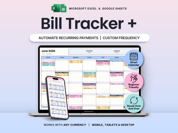 Automated Bill Calendar Google Sheets Excel Smart Bill Tracker Spreadsheet Monthly Bill Planner Subscription Tracker Bill Organizer