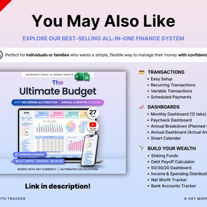 Pode incluir: Imagem promocional para um sistema financeiro. A imagem apresenta um laptop e um smartphone exibindo gr&aacute;ficos de or&ccedil;amento. O texto inclui "The Ultimate Budget" e uma lista de recursos. Uma faixa vermelha diz "HOT DEAL".