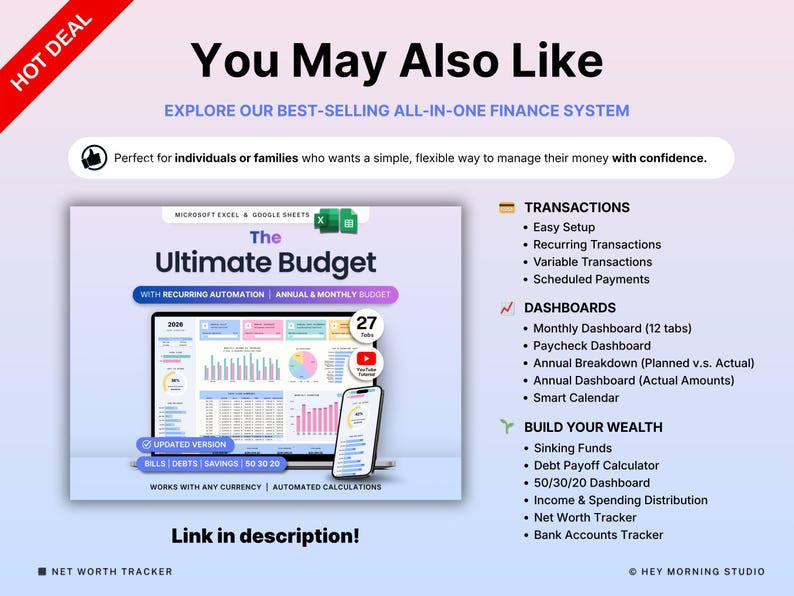 Pode incluir: Imagem promocional para um sistema financeiro. A imagem apresenta um laptop e um smartphone exibindo gr&aacute;ficos de or&ccedil;amento. O texto inclui "The Ultimate Budget" e uma lista de recursos. Uma faixa vermelha diz "HOT DEAL".