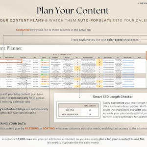 May include: A digital planner titled "Plan Your Content" with a blog content planner interface. Features include color-coded checkboxes, a smart SEO length checker, and filtering options. The planner allows users to easily plan and track content.
