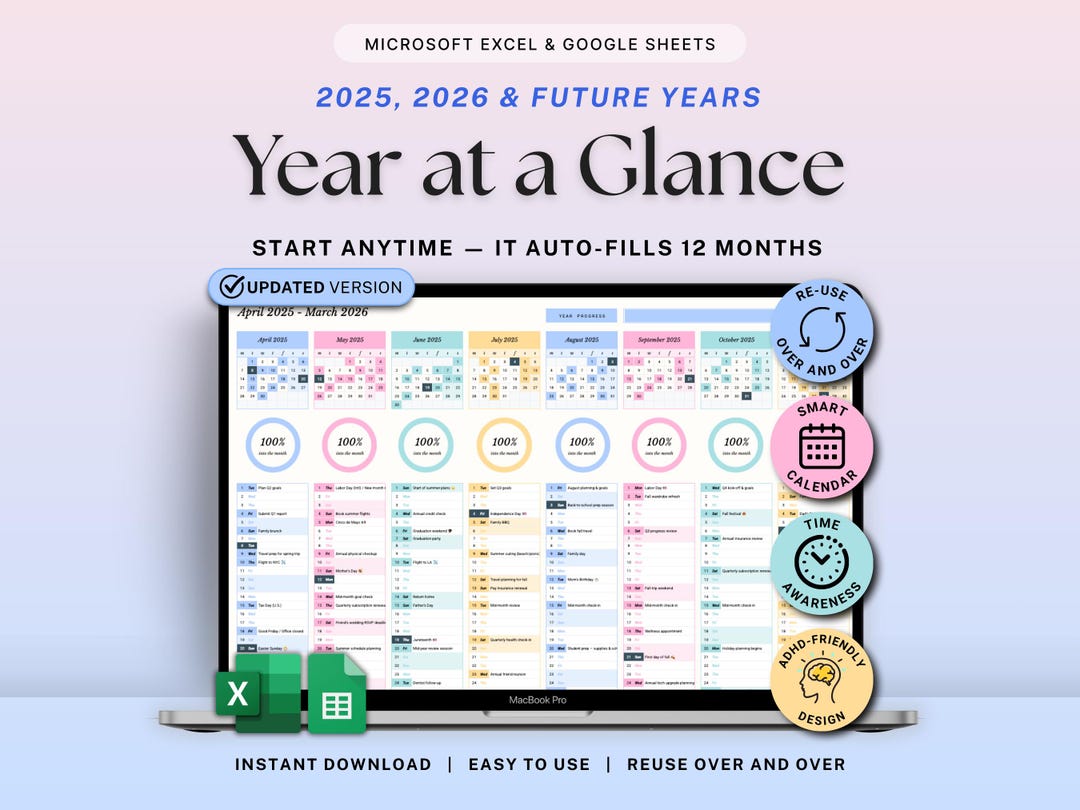 Year at a Glance Planner Spreadsheet Undated Yearly Overview Google ...