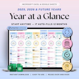 Jahr auf einen Blick Kalenderblatt Undatiert Jahresübersicht Google Sheets Excel Jahreskalender Monatlicher Ereignistracker 2026 Digitaler Planer