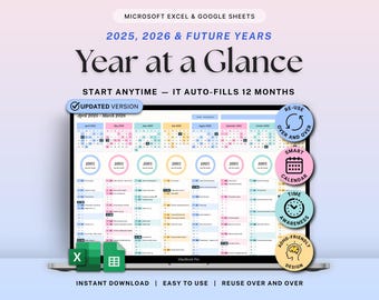 Year at a Glance Planner Spreadsheet Undated Yearly Overview Google Sheets Excel Annual Calendar Monthly Event Tracker 2026 Digital Planner