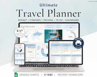 May include: A digital travel planner template for Google Sheets. The template includes tabs for trip overview, budget, itinerary, packing, to-do list, and dashboard. The template is available for instant download and includes 5 colour themes.