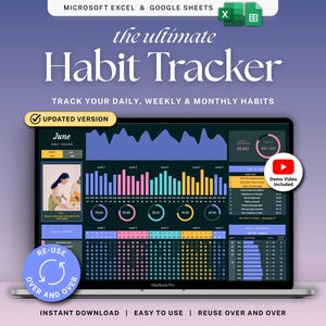 Vanespårare Mörkt läge Månatlig vanespårning Kalkylblad ADHD Daglig rutin Veckovis produktivitetsplanerare Målspårare Google Sheets Excel