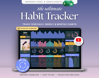Habit Tracker Dark Mode Monthly Habit Tracking Spreadsheet ADHD Daily Routine Weekly Productivity Planner Goal Tracker Google Sheets Excel