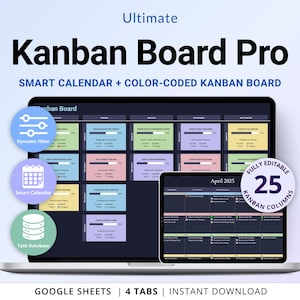 Kanban Board Spreadsheet Dark Mode Kanban Project Management Google Sheets Team Workflow Planner Task Calendar, Project Planning Template