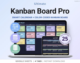 Hoja de cálculo de tablero Kanban, modo oscuro, gestión de proyectos Kanban, hojas de cálculo de Google, planificador de flujo de trabajo de equipo, calendario de tareas, plantilla de planificación de proyectos