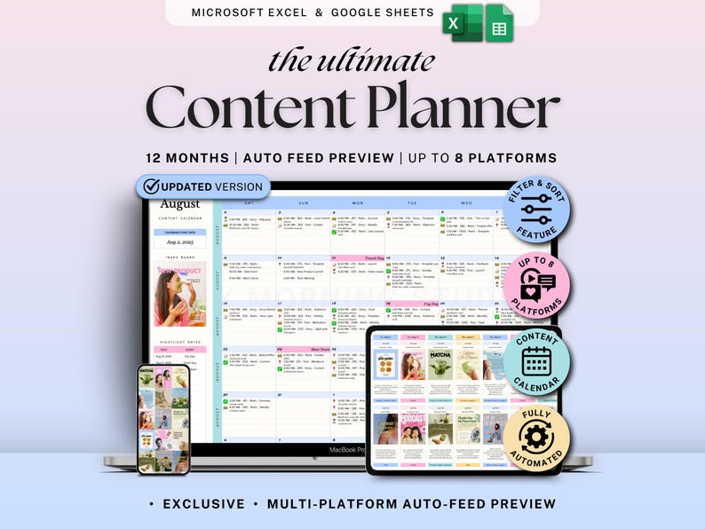 Yearly Social Media Content Calendar Google Sheets Excel Monthly Content Planner for Instagram TikTok Social Media Schedule Spreadsheet image 1