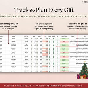 May include: A Christmas gift tracker with a spreadsheet layout, featuring columns for recipients, gift ideas, and budget tracking. The design includes a red bow, a Christmas tree, and gift boxes, with the text "Track & Plan Every Gift."