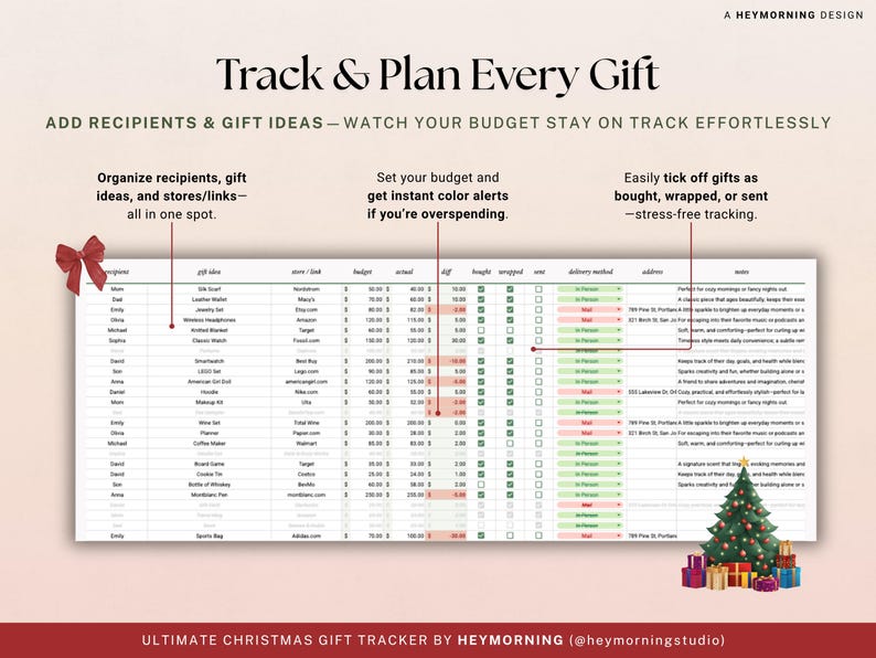 May include: A Christmas gift tracker with a spreadsheet layout, featuring columns for recipients, gift ideas, and budget tracking. The design includes a red bow, a Christmas tree, and gift boxes, with the text "Track & Plan Every Gift."