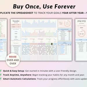 May include: A digital spreadsheet template for tracking goals and habits. The template features a colorful design with blue, pink, and green accents. The text "Buy Once, Use Forever" is displayed at the top of the image. The text "Easily Duplicate the Spreadsheet to Track Your Goals Year After Year - No Limits!" is displayed below the title. The template includes sections for daily, weekly, and monthly tracking. The template also includes a section for setting goals and tracking progress. The text "Quick & Easy Setup: Get started in minutes with a user-friendly design." is displayed at the bottom of the image. The text "Track Anytime, Anywhere: Begin tracking your habits for any month and year." is displayed below the first line of text. The text "Smart Automatic Calculations: Track your progress effortlessly with auto-updates!" is displayed below the second line of text.