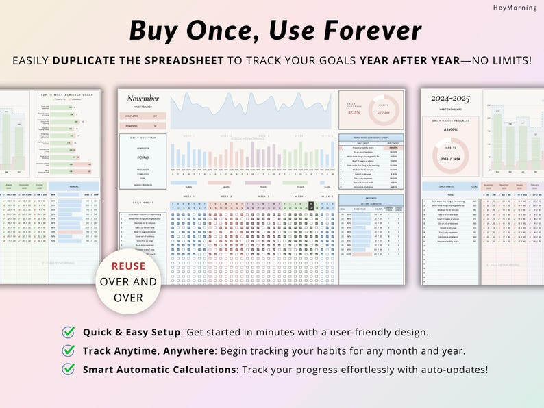 May include: A digital spreadsheet template for tracking goals and habits. The template features a colorful design with blue, pink, and green accents. The text "Buy Once, Use Forever" is displayed at the top of the image. The text "Easily Duplicate the Spreadsheet to Track Your Goals Year After Year - No Limits!" is displayed below the title. The template includes sections for daily, weekly, and monthly tracking. The template also includes a section for setting goals and tracking progress. The text "Quick & Easy Setup: Get started in minutes with a user-friendly design." is displayed at the bottom of the image. The text "Track Anytime, Anywhere: Begin tracking your habits for any month and year." is displayed below the first line of text. The text "Smart Automatic Calculations: Track your progress effortlessly with auto-updates!" is displayed below the second line of text.