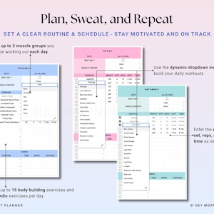 May include: A workout planner with the text "Plan, Sweat, and Repeat." The planner includes sections for muscle groups, exercises, weight, sets, reps, rest, and time. It allows for up to 15 bodybuilding and 5 cardio exercises.