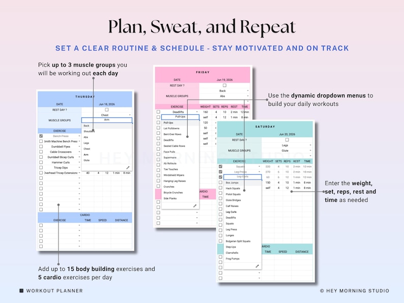 May include: A workout planner with the text "Plan, Sweat, and Repeat." The planner includes sections for muscle groups, exercises, weight, sets, reps, rest, and time. It allows for up to 15 bodybuilding and 5 cardio exercises.