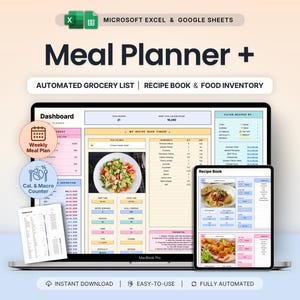 Pode incluir: Um modelo de planejador de refeições digital para Microsoft Excel e Google Sheets exibido na tela de um laptop e tablet. A interface apresenta um painel com um livro de receitas, uma lista de compras automatizada e inventário de alimentos.