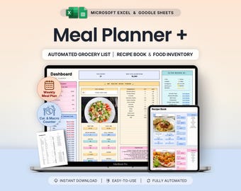 Planificateur de repas hebdomadaire, tableur, organisateur de recettes, planificateur de préparation des repas familiaux, suivi des calories, Google Sheets, Excel, liste de courses, inventaire alimentaire