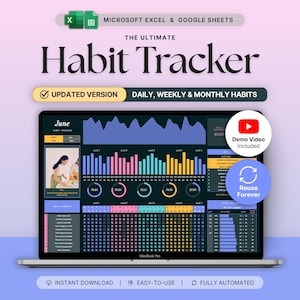 May include: A digital habit tracker displayed on a laptop screen, featuring colorful charts, progress bars, and data tables for daily, weekly, and monthly tracking. The interface includes text labels like The Ultimate Habit Tracker and Demo Video Included.