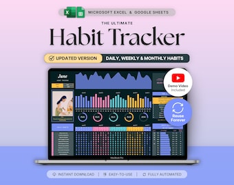 Habit Tracker Dark Mode Monthly Habit Tracking Spreadsheet ADHD Daily Routine Weekly Productivity Planner Goal Tracker Google Sheets Excel