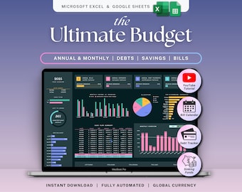 Feuille de calcul budgétaire annuel ultime Budget annuel en mode sombre Feuilles de calcul Google Budget mensuel Excel Suivi des dépenses familiales Économies sur les dettes