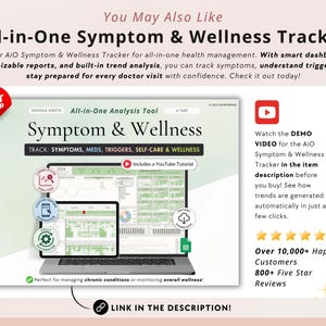 May include: A Google Sheets template for tracking symptoms, medications, triggers, self-care, and wellness. The template includes a YouTube tutorial and is ideal for managing chronic conditions or monitoring overall wellness. The image also includes a screenshot of the template, which shows a calendar, charts, and graphs.