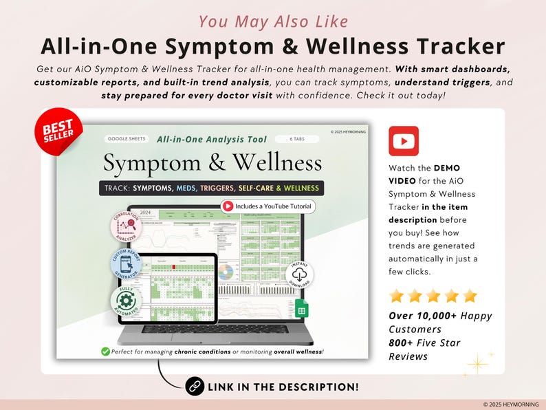 May include: A Google Sheets template for tracking symptoms, medications, triggers, self-care, and wellness. The template includes a YouTube tutorial and is ideal for managing chronic conditions or monitoring overall wellness. The image also includes a screenshot of the template, which shows a calendar, charts, and graphs.