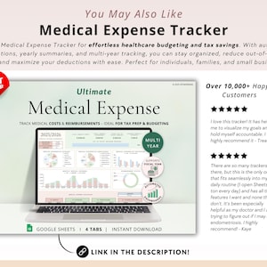 Puede incluir: Un producto digital para el seguimiento de gastos m&eacute;dicos. La imagen muestra una pantalla de computadora port&aacute;til que muestra una hoja de c&aacute;lculo con gr&aacute;ficos y diagramas. El texto en la pantalla dice "Ultimate Medical Expense" y "Track Medical Costs & Reimbursements - Ideal for Tax Prep & Budgeting". La imagen tambi&eacute;n incluye una insignia de mejor vendedor y texto que dice "M&aacute;s de 10.000 clientes felices".