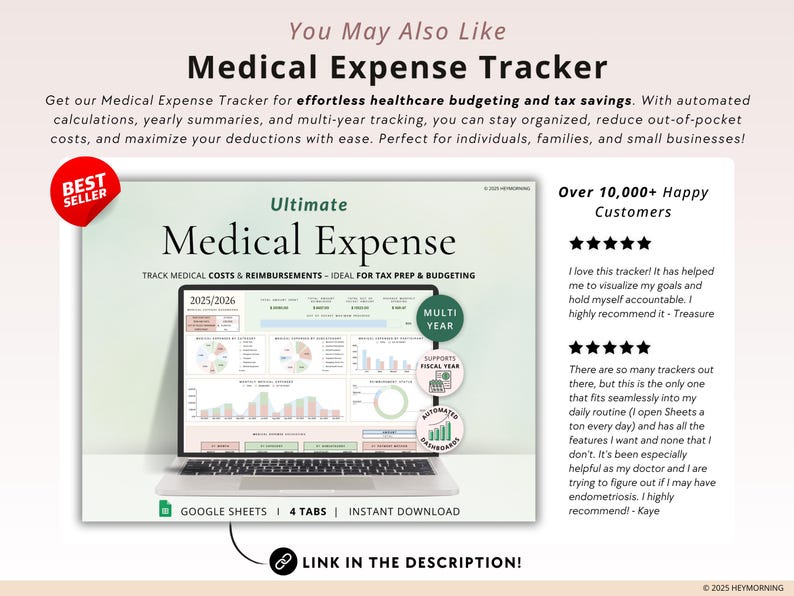 Puede incluir: Un producto digital para el seguimiento de gastos m&eacute;dicos. La imagen muestra una pantalla de computadora port&aacute;til que muestra una hoja de c&aacute;lculo con gr&aacute;ficos y diagramas. El texto en la pantalla dice "Ultimate Medical Expense" y "Track Medical Costs & Reimbursements - Ideal for Tax Prep & Budgeting". La imagen tambi&eacute;n incluye una insignia de mejor vendedor y texto que dice "M&aacute;s de 10.000 clientes felices".