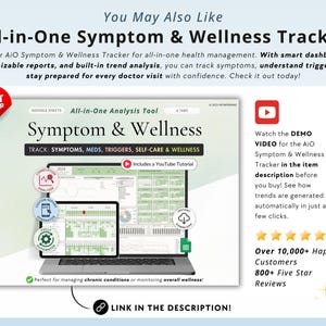 May include: A digital graphic promoting an All-in-One Symptom & Wellness Tracker. The image shows a laptop displaying the tracker's interface, with the text "Symptom & Wellness" and "Track: Symptoms, Meds, Triggers, Self-Care & Wellness". Includes a YouTube tutorial.