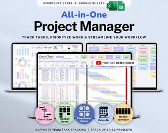 Project Management Spreadsheet Team Project Task Tracker Google Sheets Excel Timeline Planner Kanban Board Gantt Chart Eisenhower Matrix