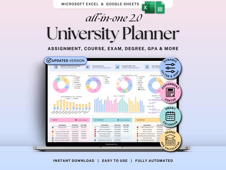 Academic Student Planner Google Sheets Excel University Planner Spreadsheet College Assignment Tracker Class Timetable Degree Planner GPA image 1