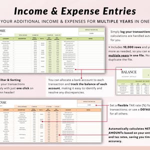 May include: A digital spreadsheet template for tracking income and expenses. The template includes sections for income, expenses, and a balance sheet. The template is designed to help users track their finances and make informed financial decisions. The template includes features such as instant filtering and sorting, flexible tax rates, and automatic calculations of net and total amounts.