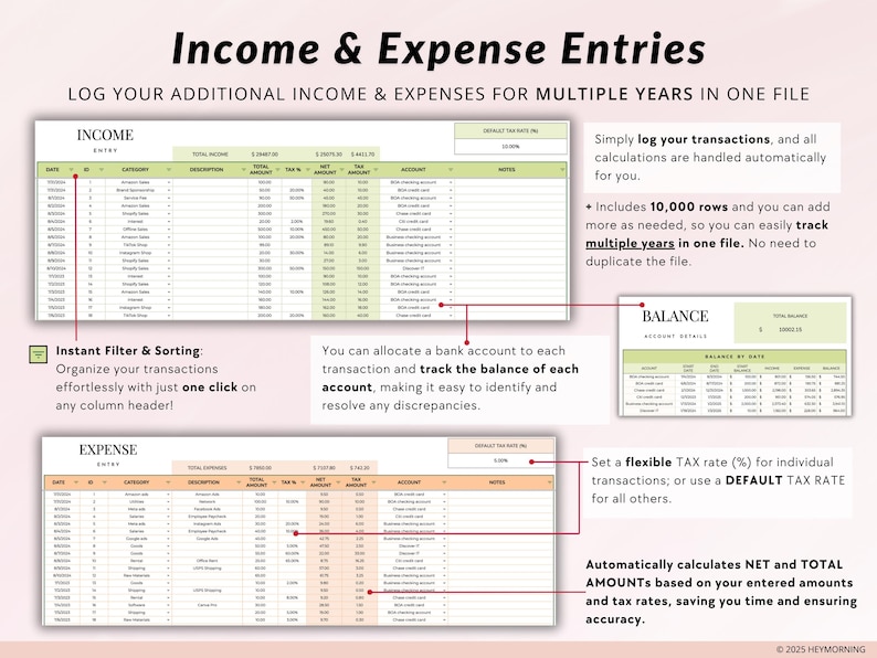 May include: A digital spreadsheet template for tracking income and expenses. The template includes sections for income, expenses, and a balance sheet. The template is designed to help users track their finances and make informed financial decisions. The template includes features such as instant filtering and sorting, flexible tax rates, and automatic calculations of net and total amounts.