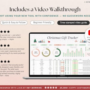 May include: A laptop screen displays a Christmas Gift Tracker spreadsheet with charts and data. The image includes text that says "Includes a Video Walkthrough" and customer reviews. A YouTube icon is visible.