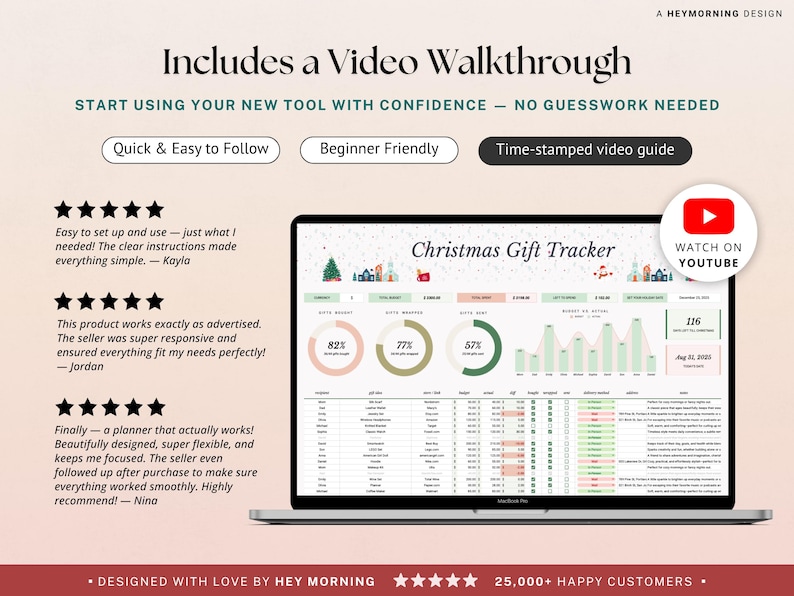 May include: A laptop screen displays a Christmas Gift Tracker spreadsheet with charts and data. The image includes text that says "Includes a Video Walkthrough" and customer reviews. A YouTube icon is visible.