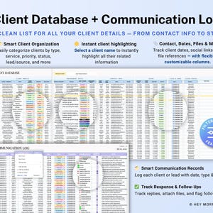 Op de afbeelding: Een digitale klantdatabase en communicatielogboek met een lichtblauwe achtergrond. De afbeelding toont een spreadsheet met klantgegevens, datums en bestandsreferenties. Functies zijn onder meer slimme klantorganisatie en directe klantmarkering.