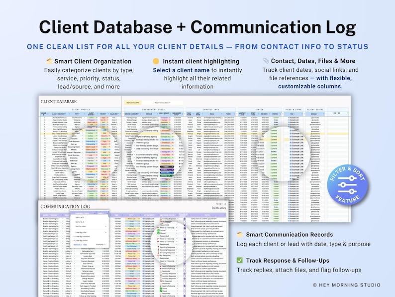 Op de afbeelding: Een digitale klantdatabase en communicatielogboek met een lichtblauwe achtergrond. De afbeelding toont een spreadsheet met klantgegevens, datums en bestandsreferenties. Functies zijn onder meer slimme klantorganisatie en directe klantmarkering.