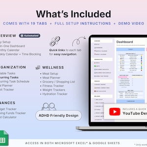 May include: A laptop screen displays a digital dashboard with sections for organization, wellness, and finances. The screen shows a calendar, task lists, and budget trackers. Text on the screen reads "What's Included" and "ADHD Friendly Design."