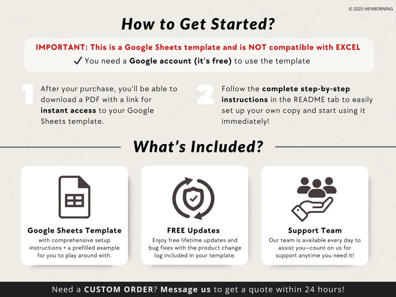 May include: A graphic with the text "How to Get Started?" and "What's Included?"  The graphic shows three icons: a spreadsheet, a checkmark inside a circle, and a hand with three people on top. The text below the icons reads "Google Sheets Template", "FREE Updates", and "Support Team". The text at the bottom of the graphic reads "Need a CUSTOM ORDER? Message us to get a quote within 24 hours!"