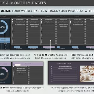 May include: Digital planner with sections for weekly and monthly habits. Features progress trackers, checklists, and space for journaling. Includes a dark gray and white color scheme with progress bars.
