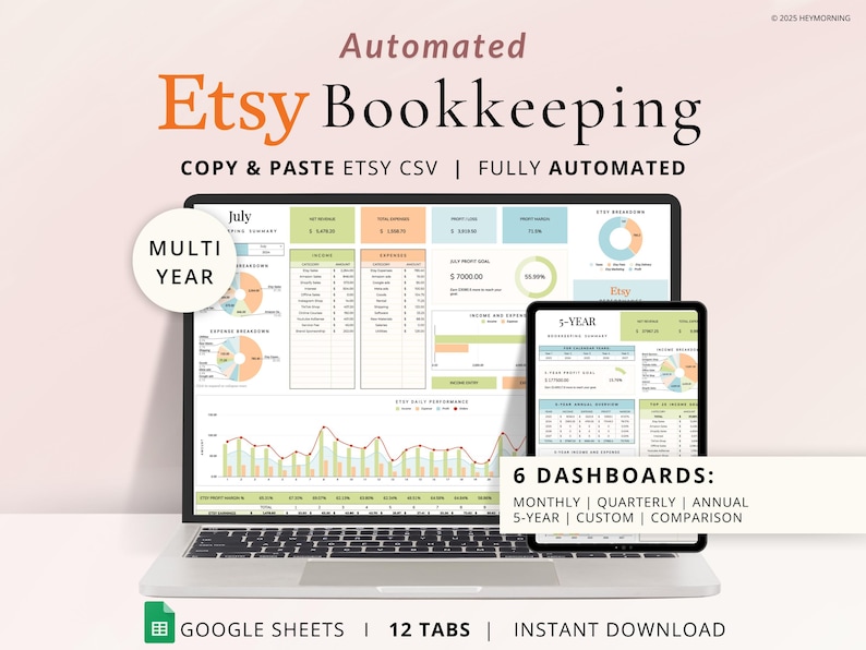 Etsy Seller Bookkeeping Spreadsheet Small Business Accounting Google Sheets; Includes 12 tabs; Track Income, Expense, Profit and Sales; Create goals, Visualize your Etsy business performance over 5 years; Fully automated, simply copy & paste Etsy CSV